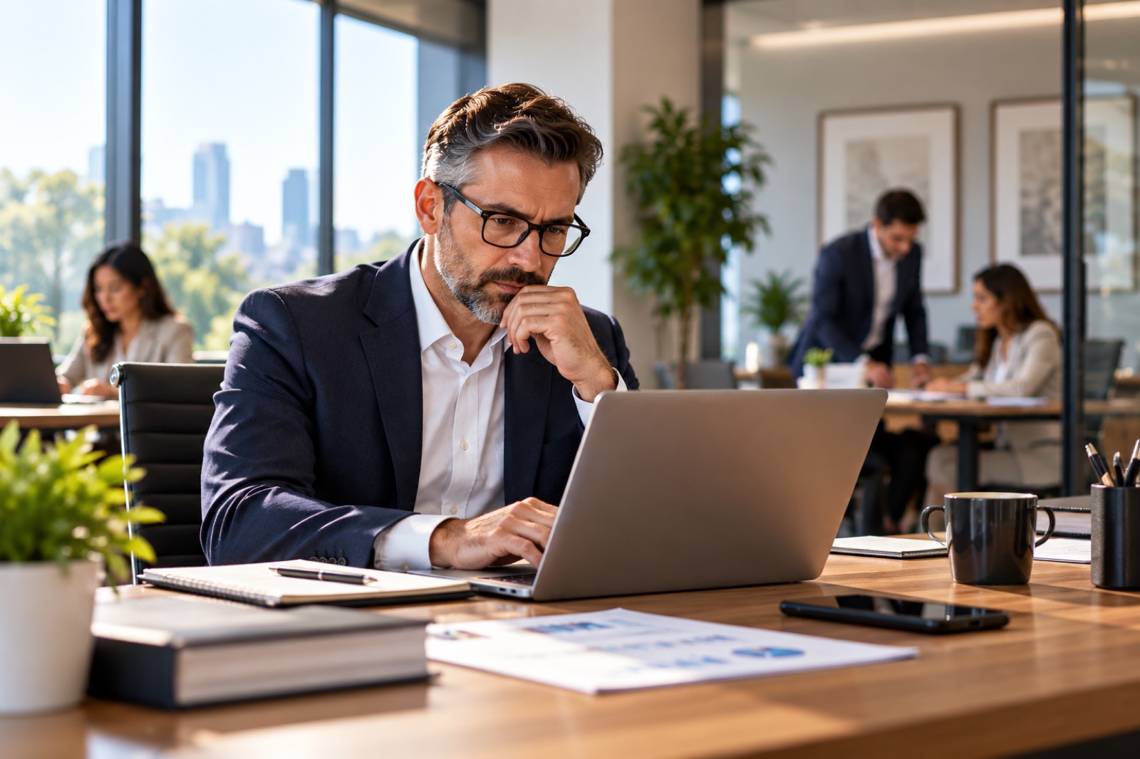 A man in glasses working at a laptop in an open-plan office
