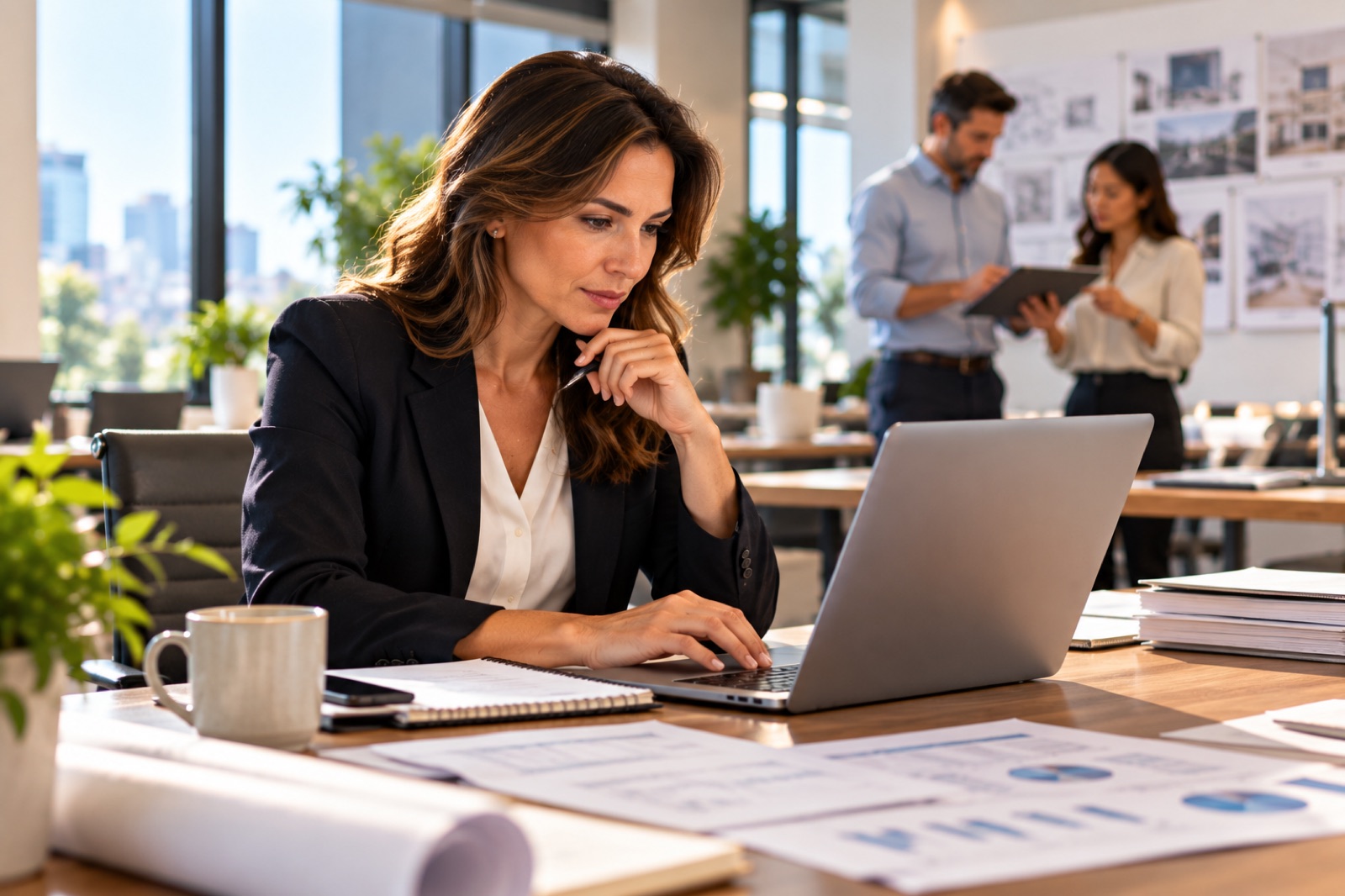 A woman working at a laptop in a professional office, colleagues behind her