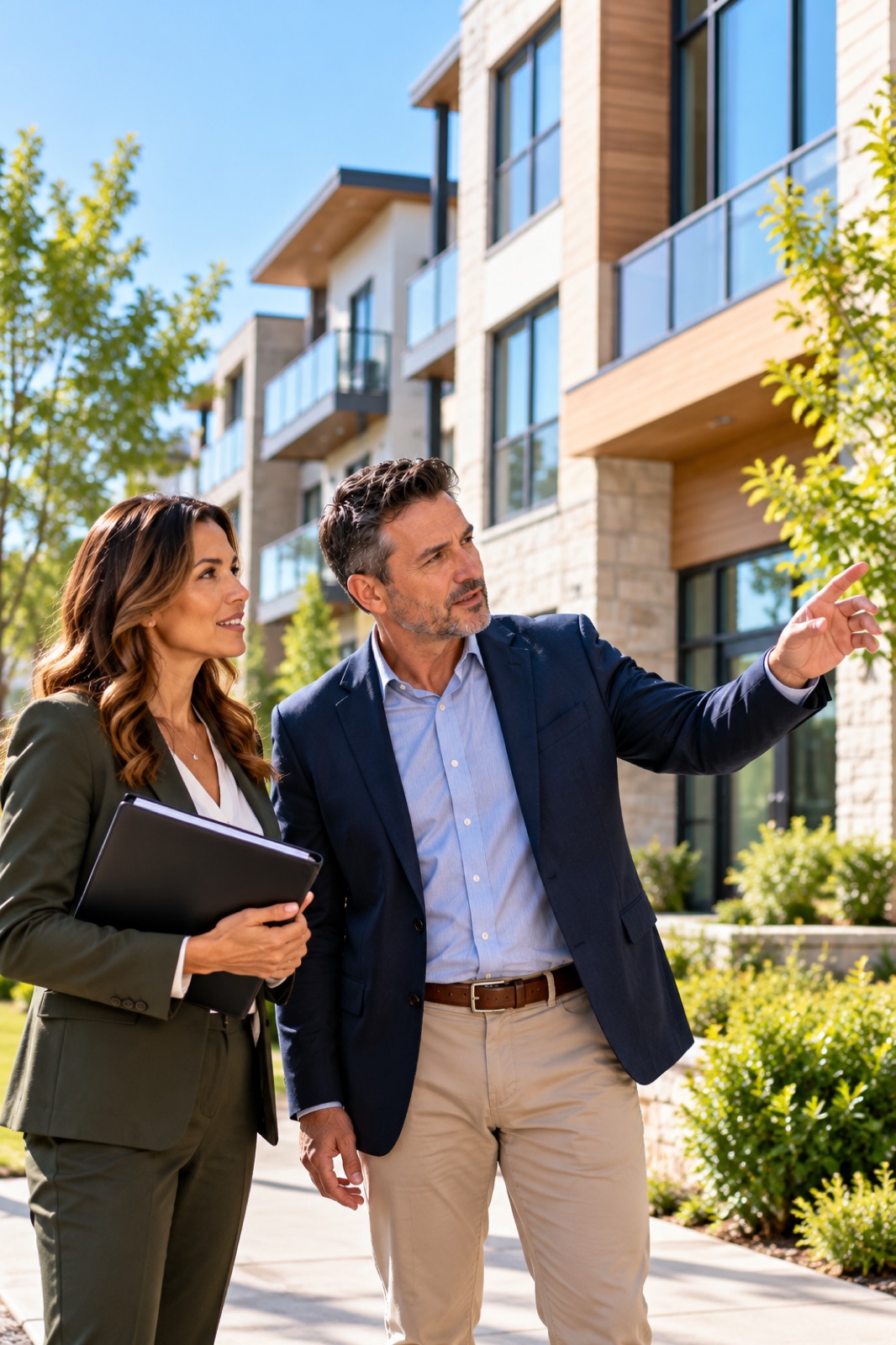 An adviser pointing out a residential building to a client in the street outside