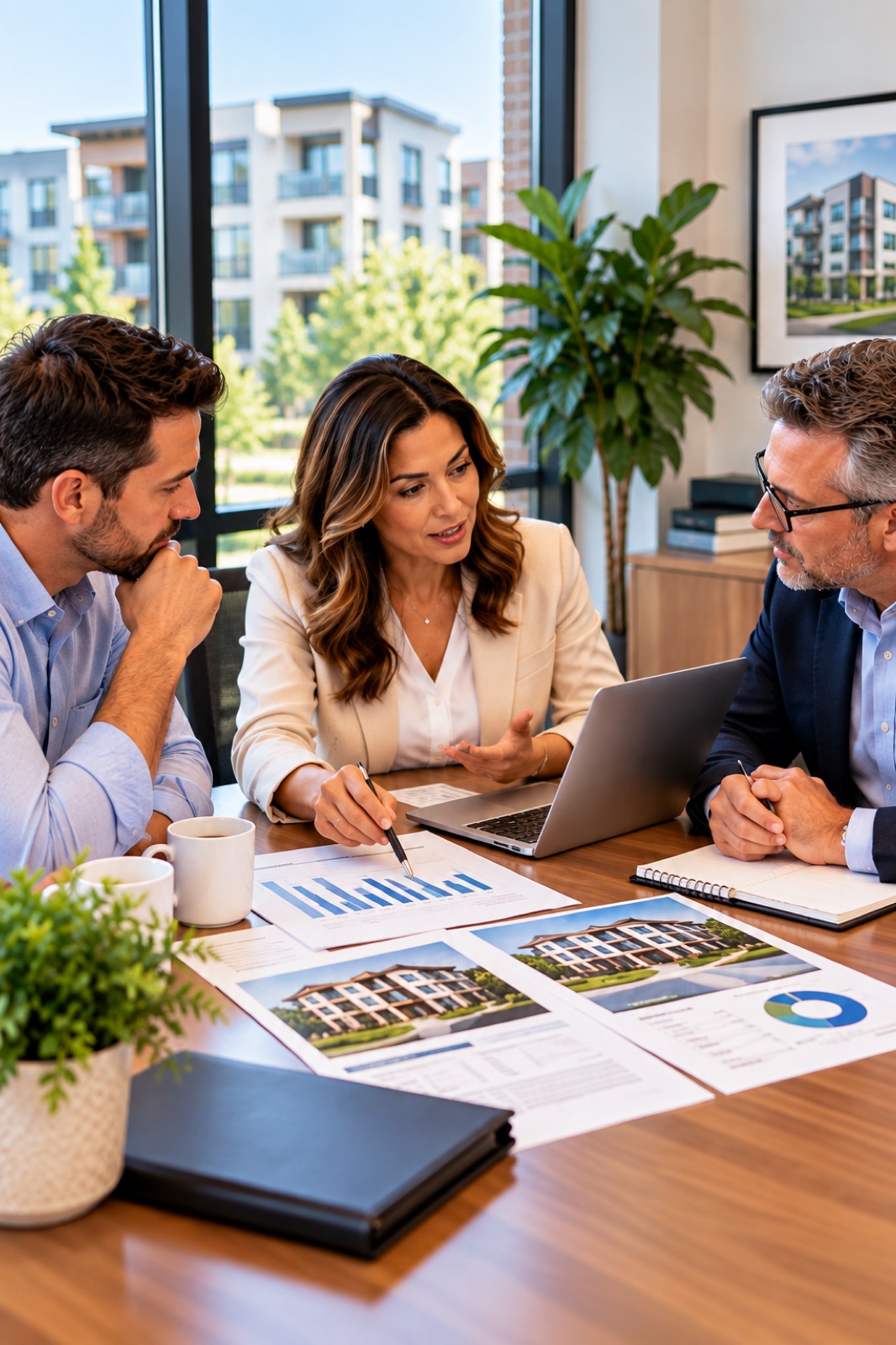 Three people reviewing property statements and photographs around a table