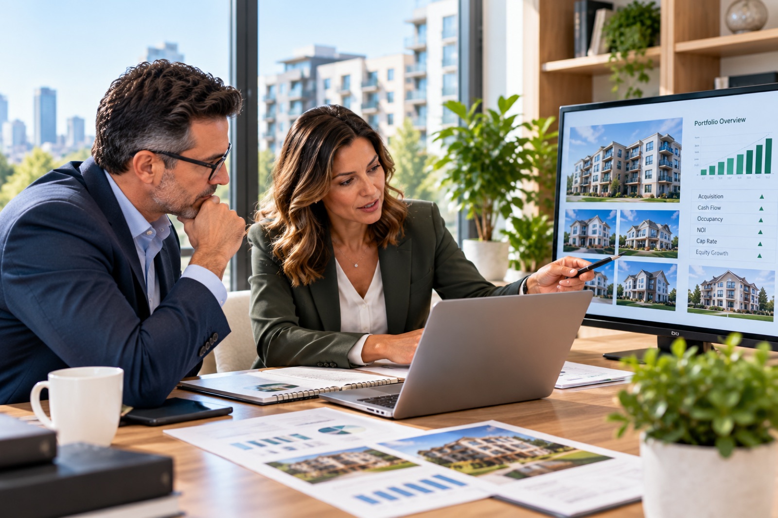 A man and a woman at a laptop, a screen of apartment buildings and charts behind them