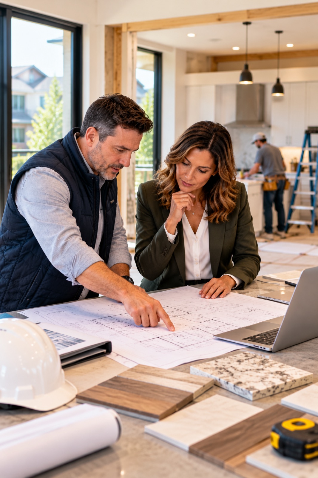 A contractor and a woman reviewing plans and material samples during a renovation