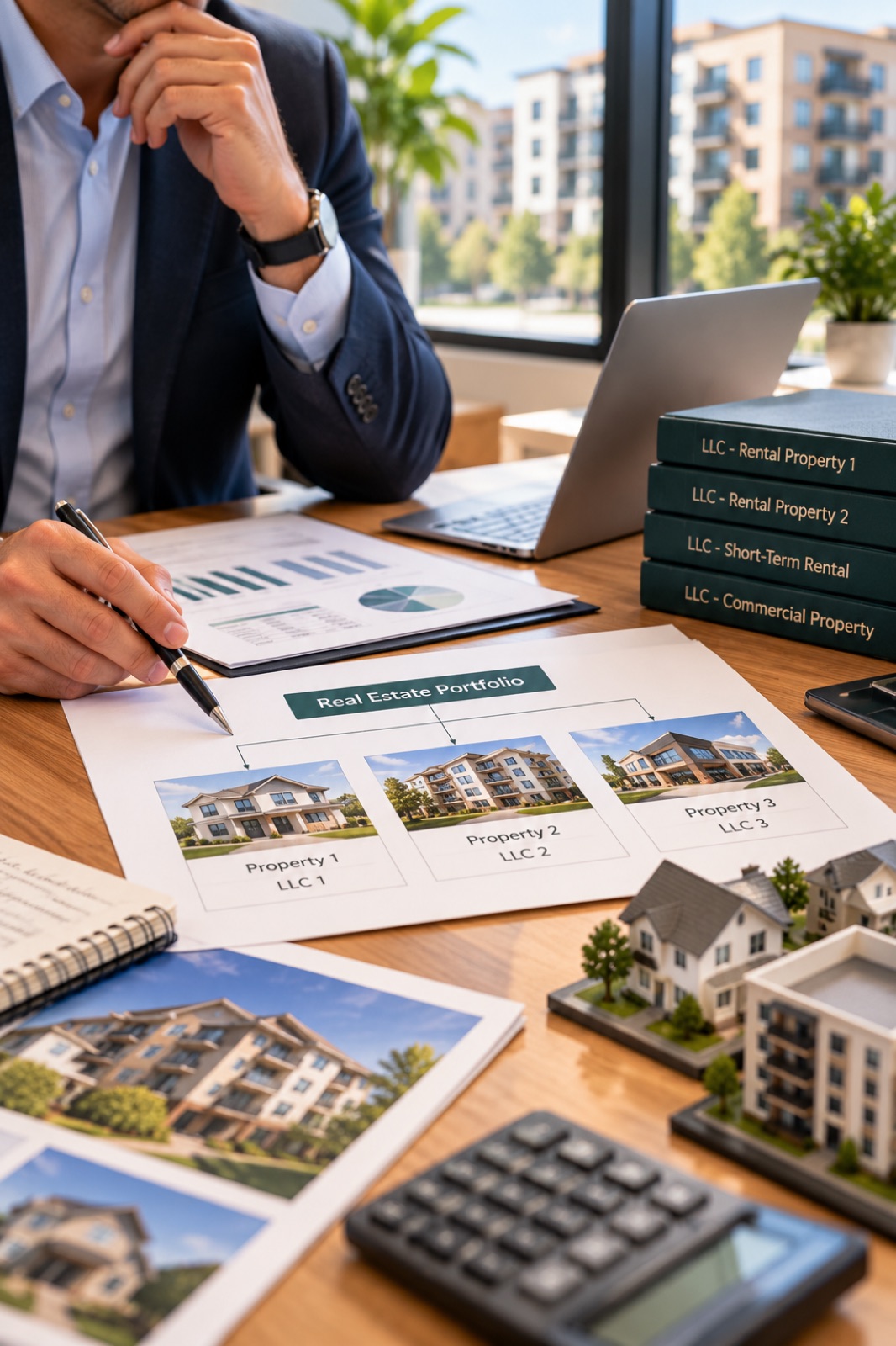A hand pointing at a chart of properties held in separate LLCs, model houses on the desk