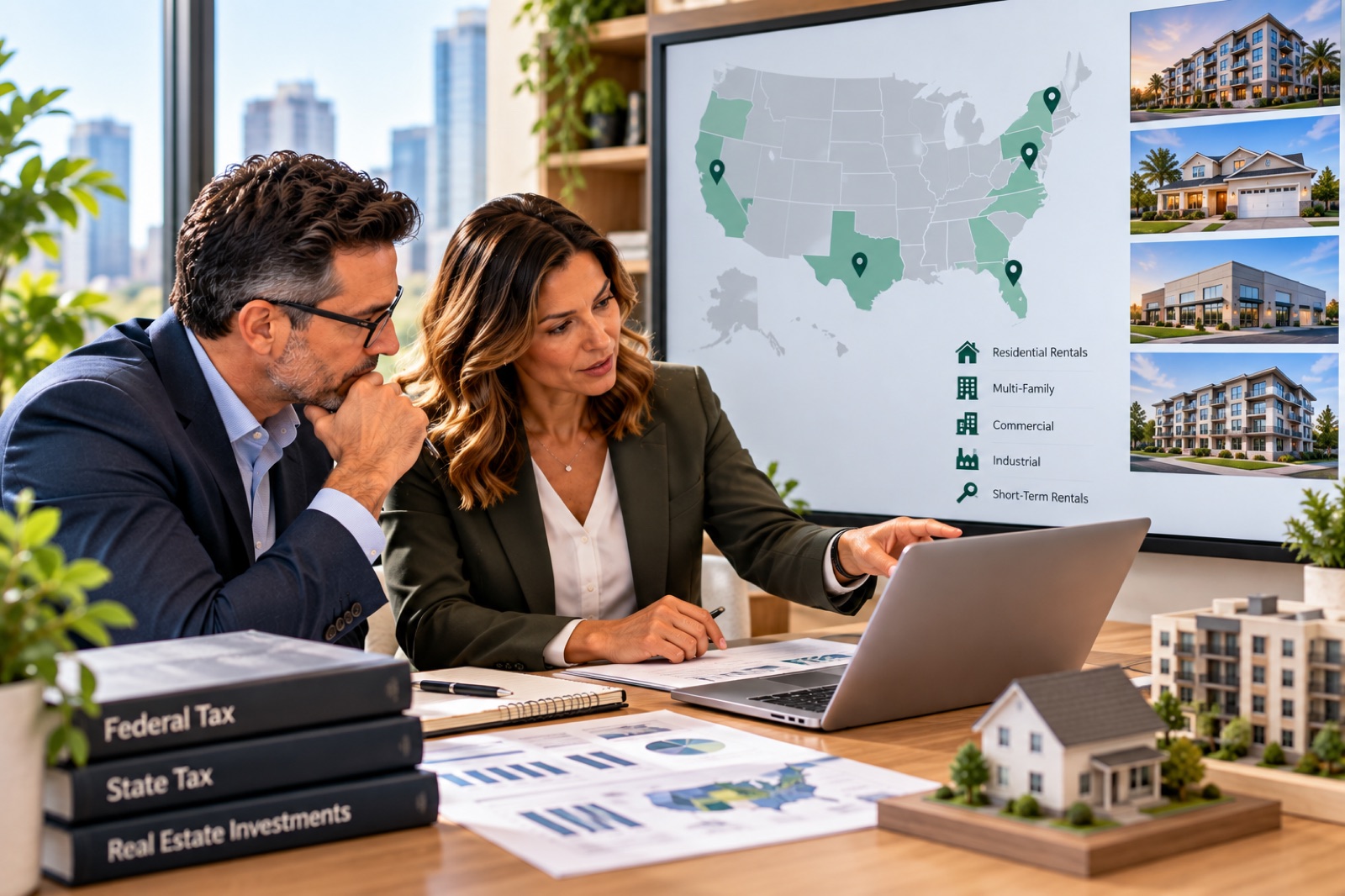 Two people at a desk before a wall map of the United States marking property locations