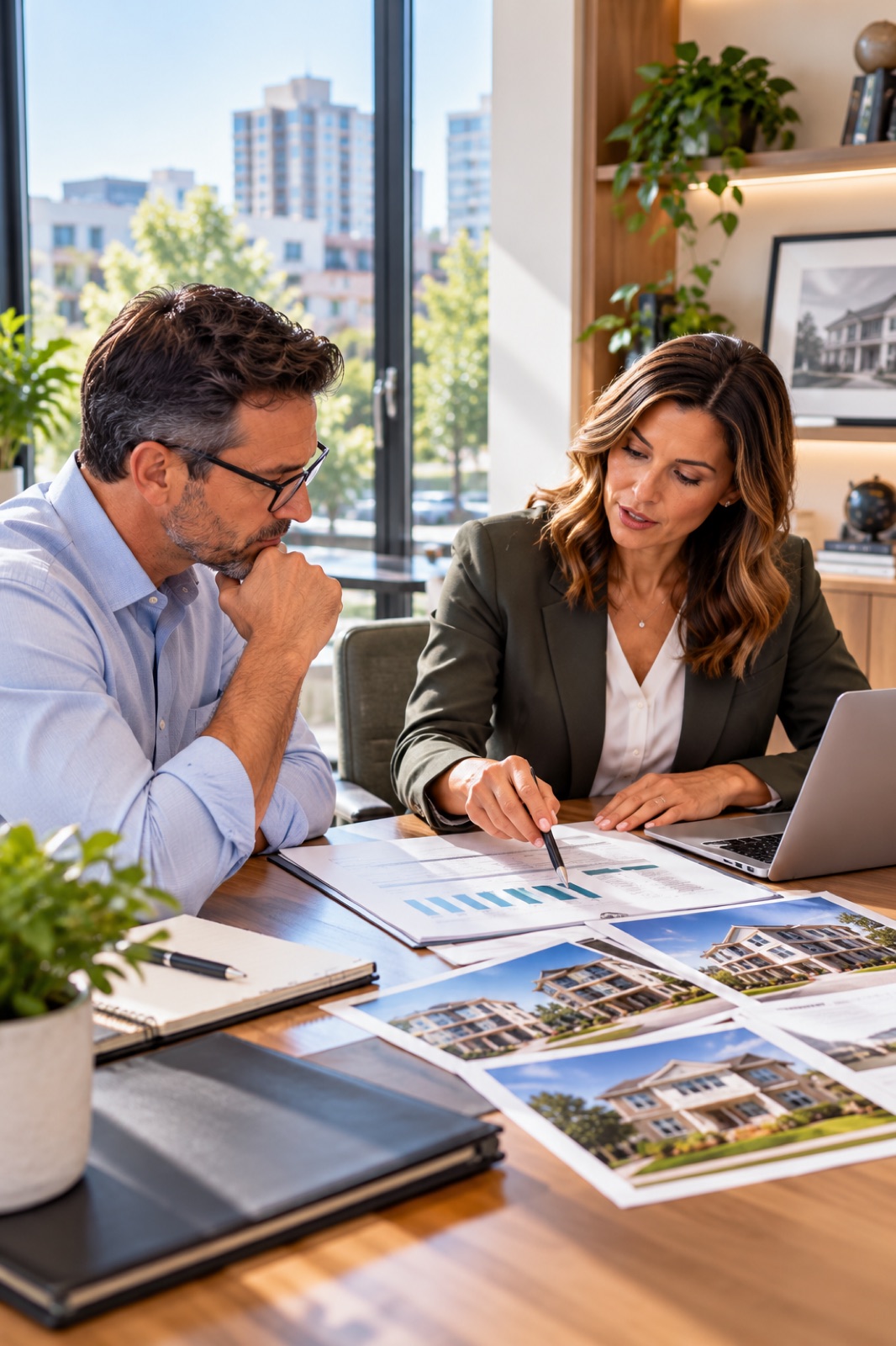 A man and a woman going through property photographs and figures at a desk