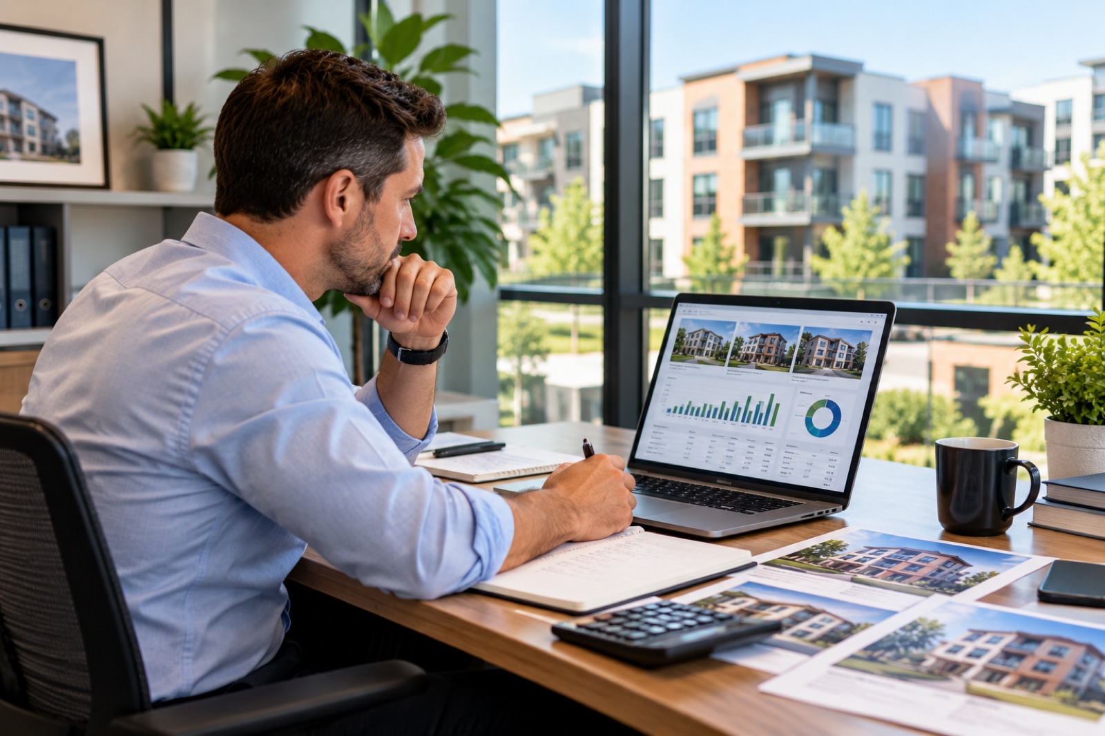 A man reviewing property figures at his laptop, apartment buildings through the window