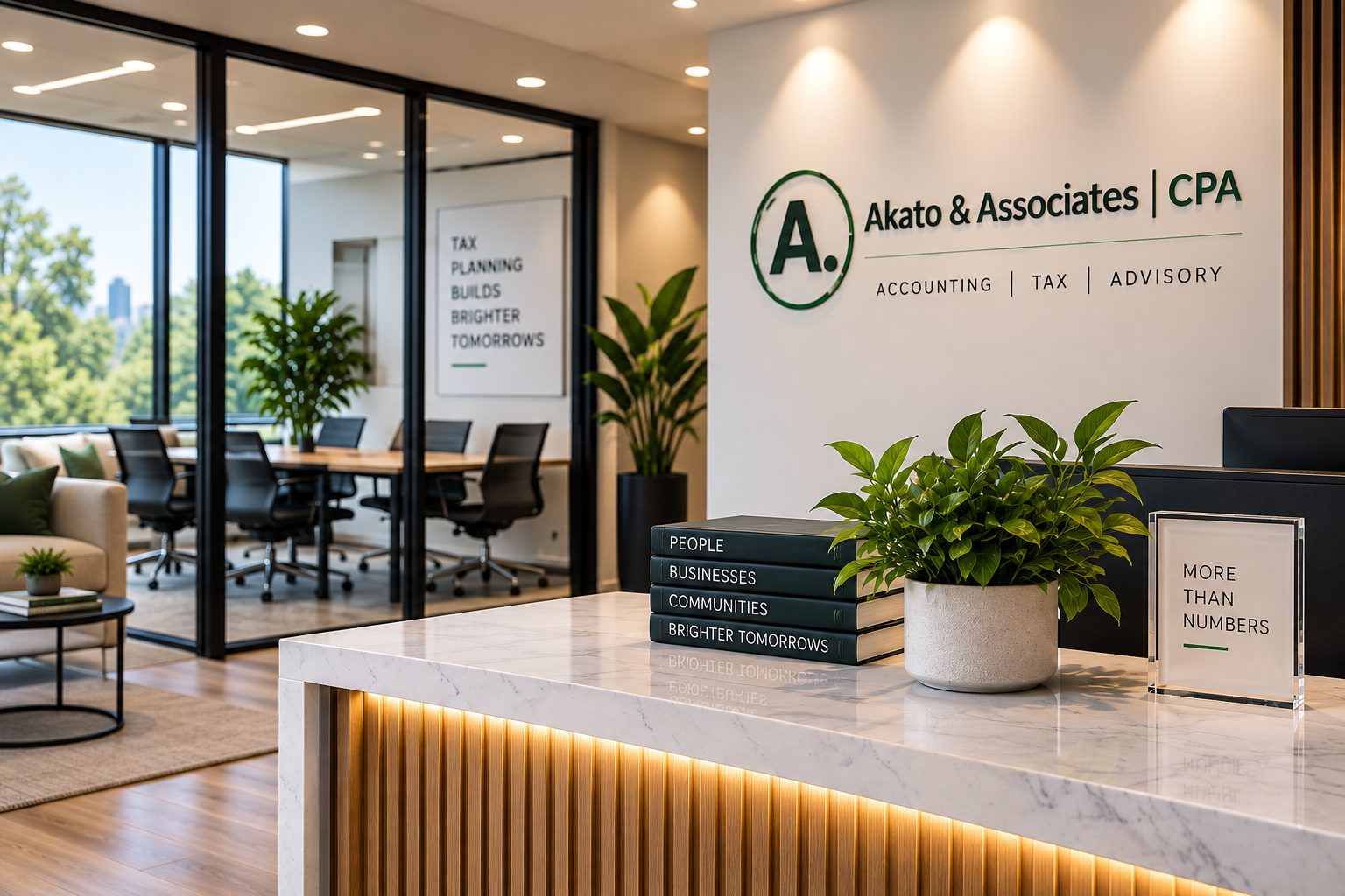 A reception desk in a light-filled office, the firm's name and monogram on the wall behind it