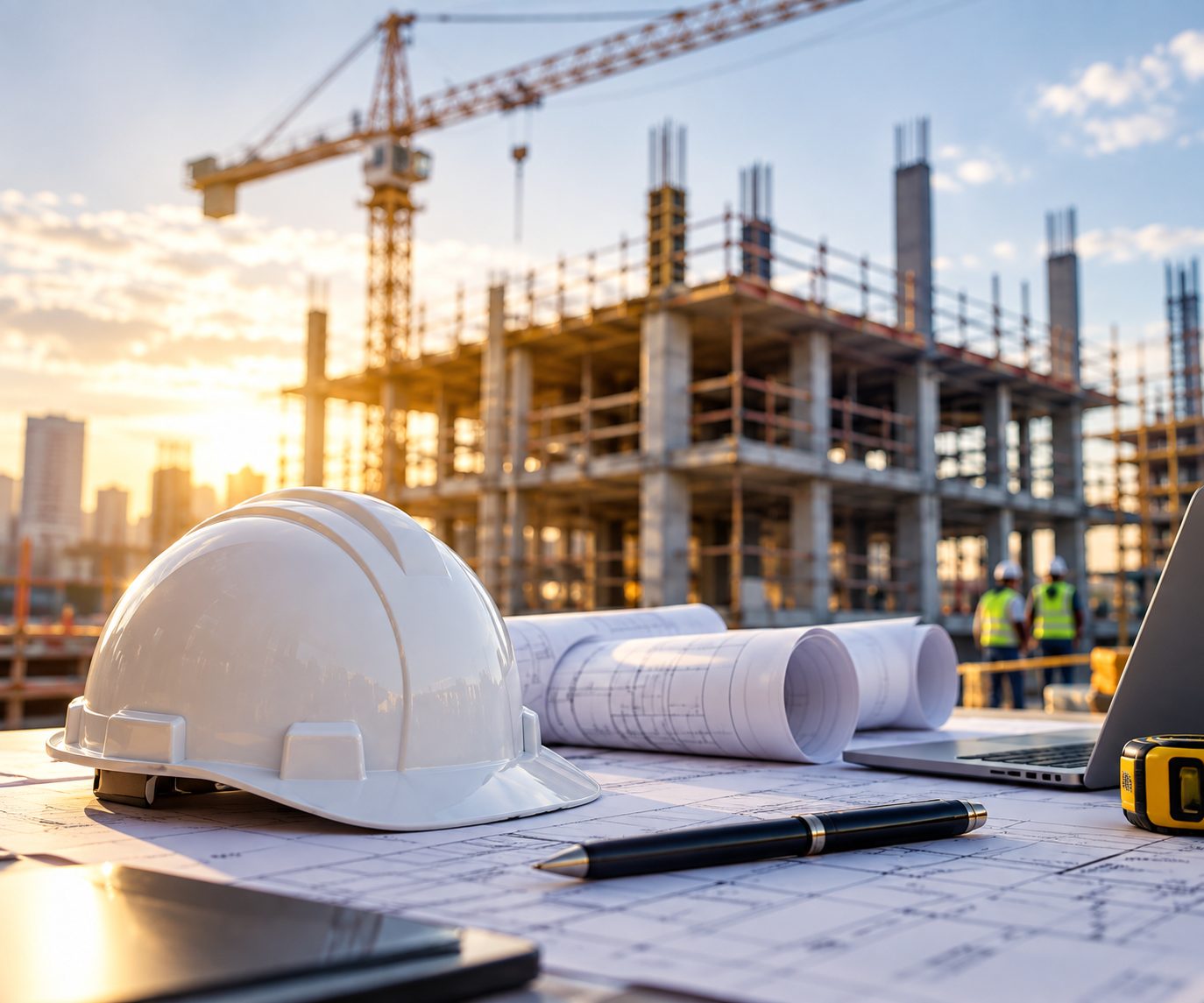 Hard hats and rolled drawings on a table before a building site