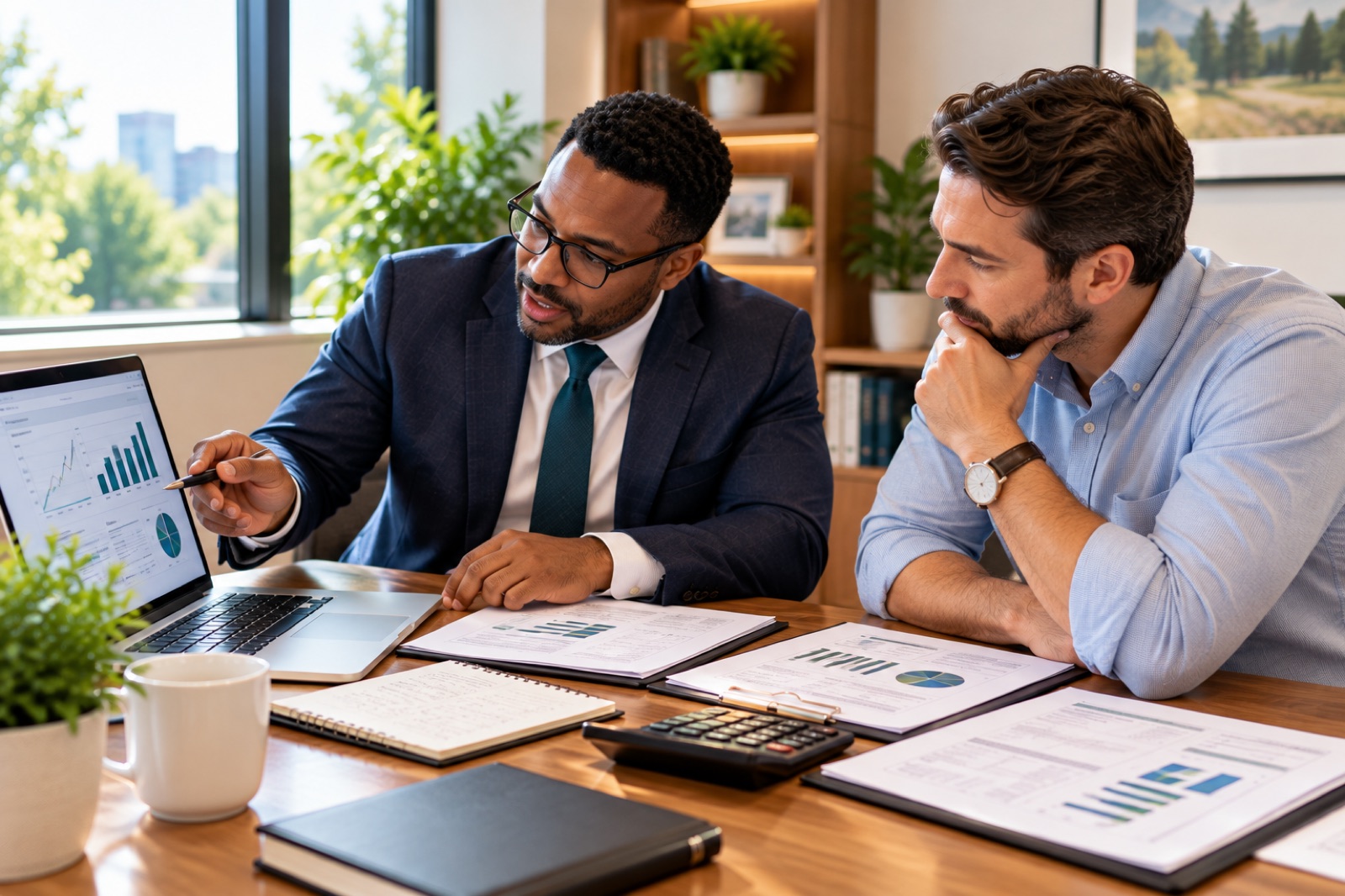 An adviser and a business owner in discussion at a desk covered with charts
