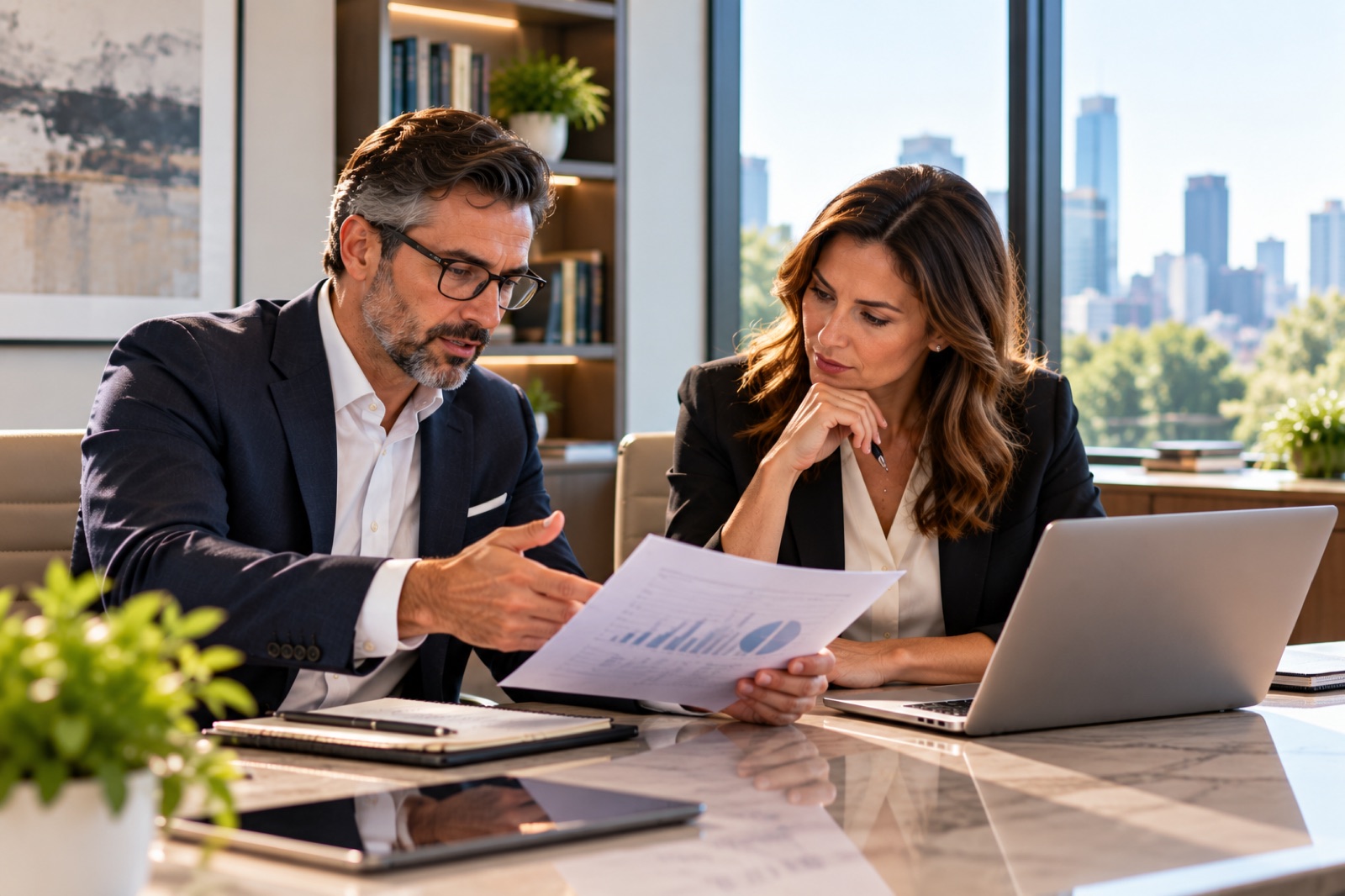 An adviser showing a document to a colleague at a laptop