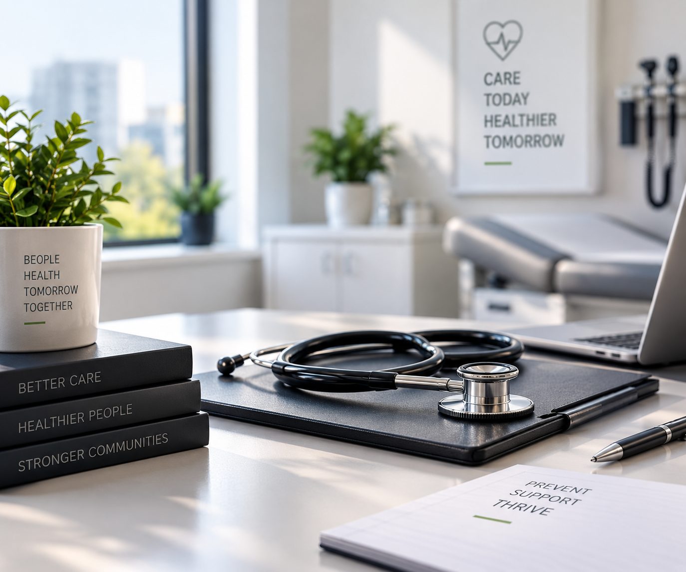 A stethoscope resting on a clipboard beside a plant