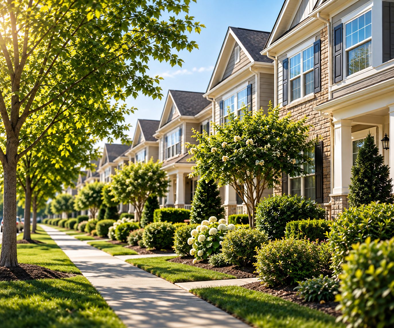 A row of townhouses along a tree-lined street