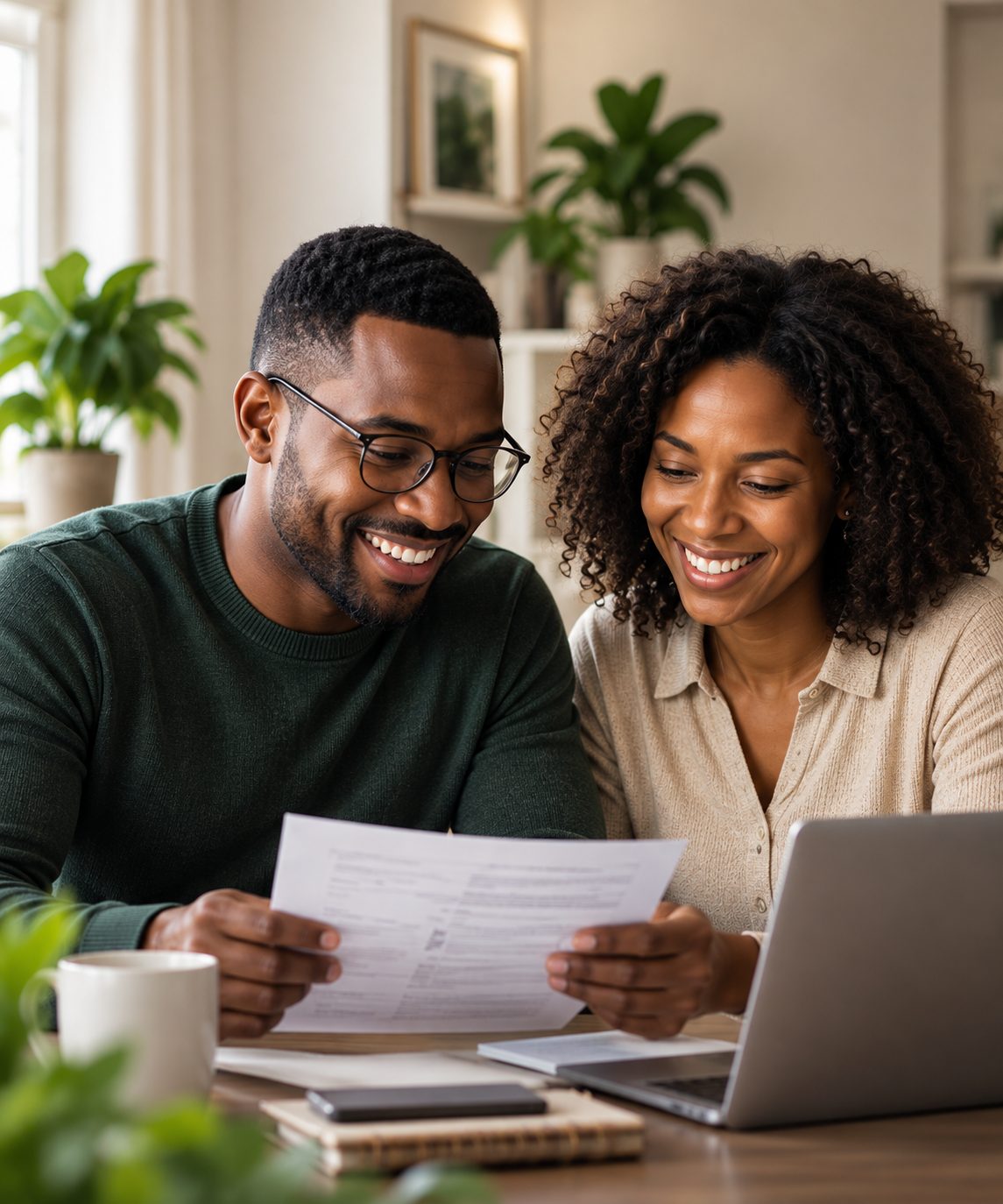 Two people going through paperwork together at a laptop