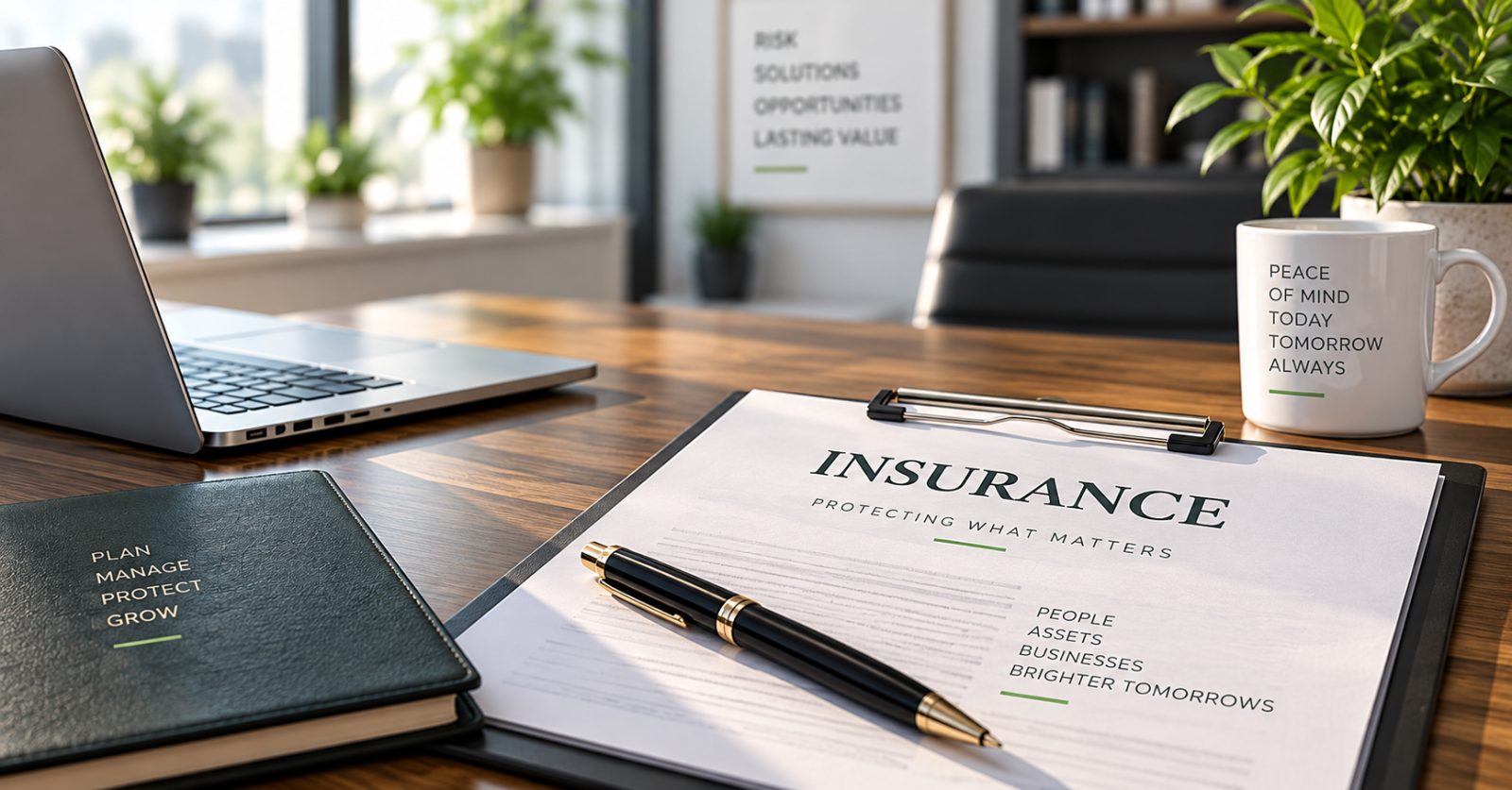 An insurance policy and a pen on a desk beside a laptop