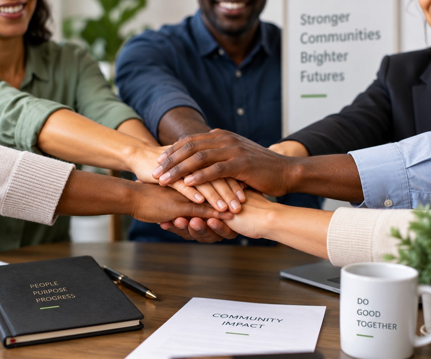 Several hands joined together in the centre of a group