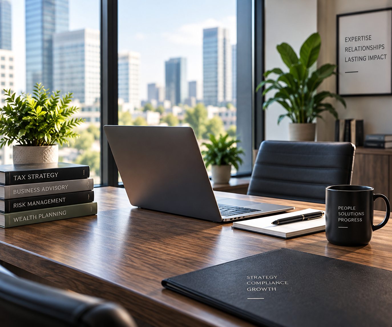 A quiet desk with a laptop and a coffee cup by a window