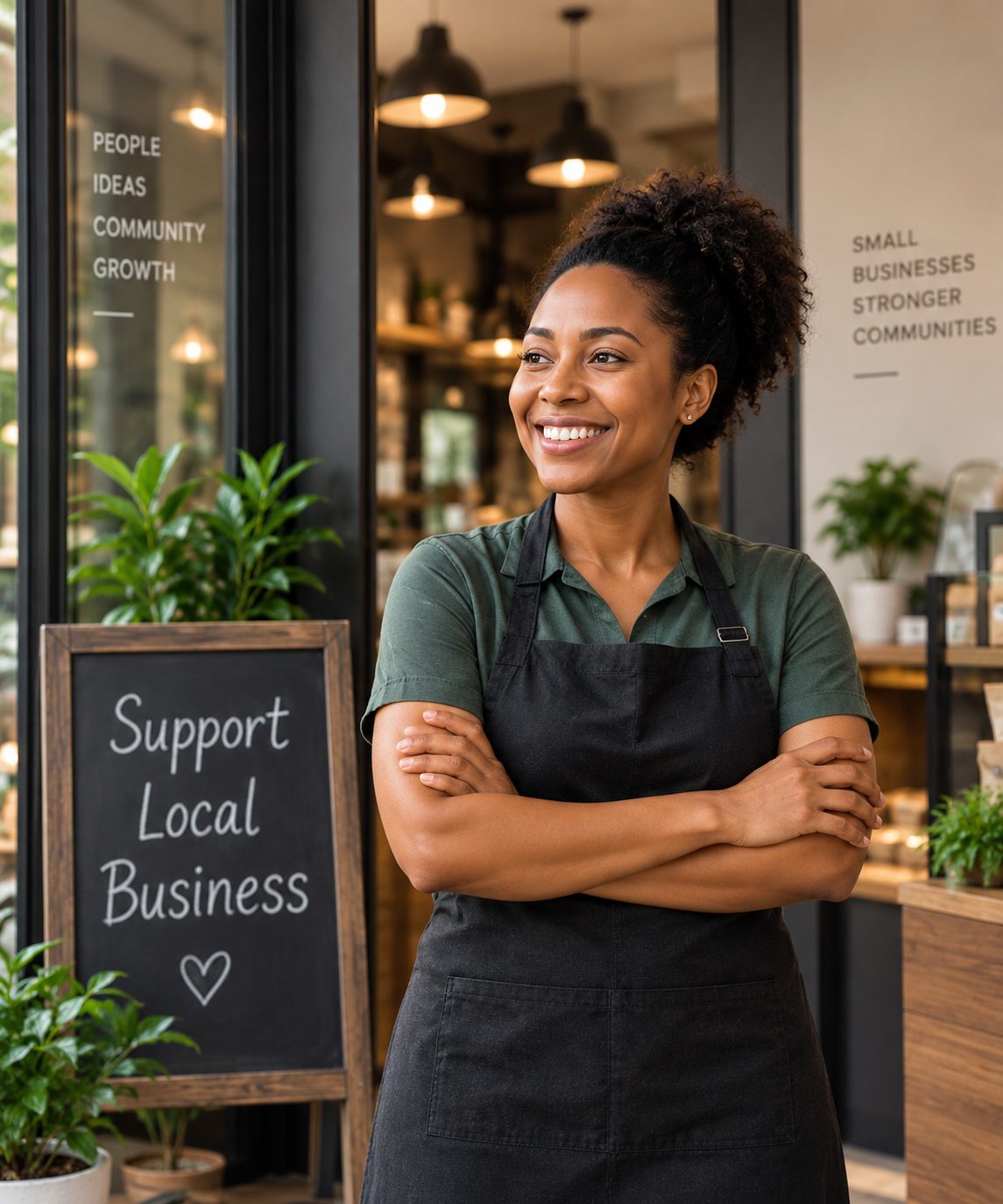 A shop owner standing in the doorway of her business