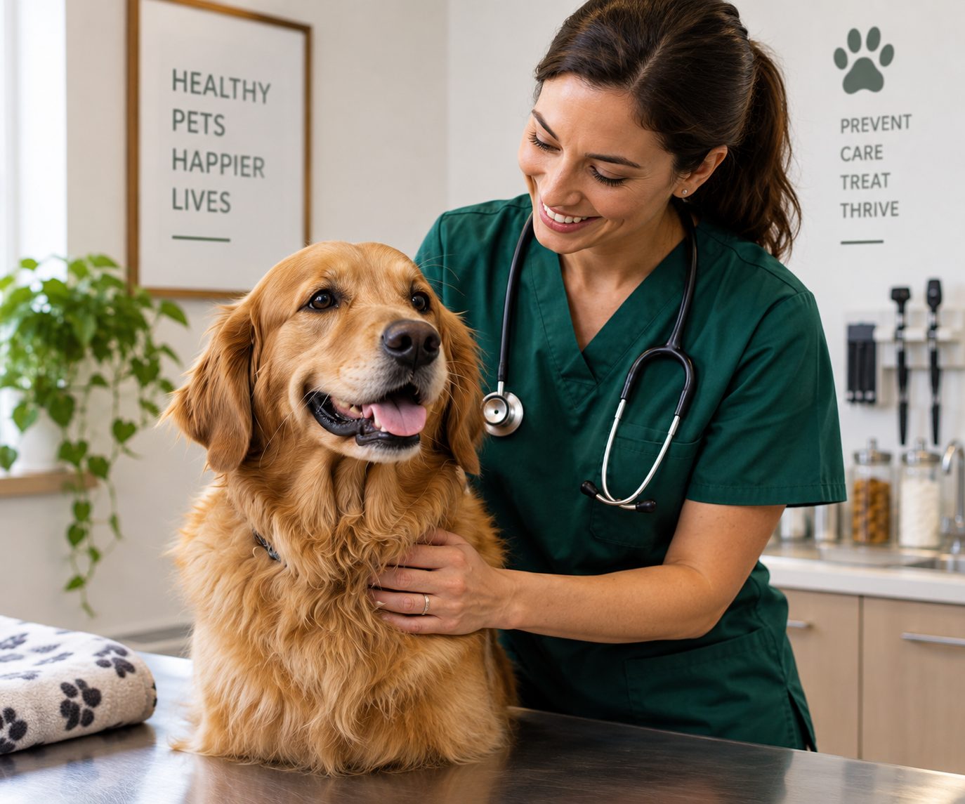 A veterinarian in scrubs with a golden retriever