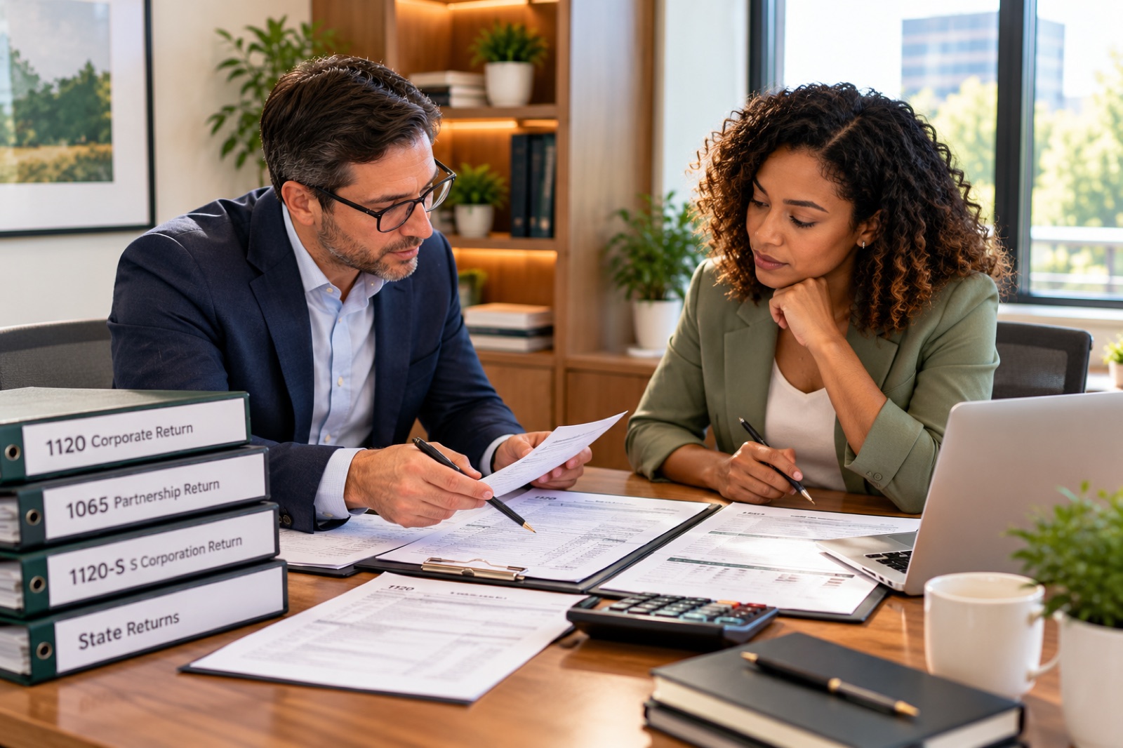 An adviser and a business owner reviewing tax binders and forms at a desk