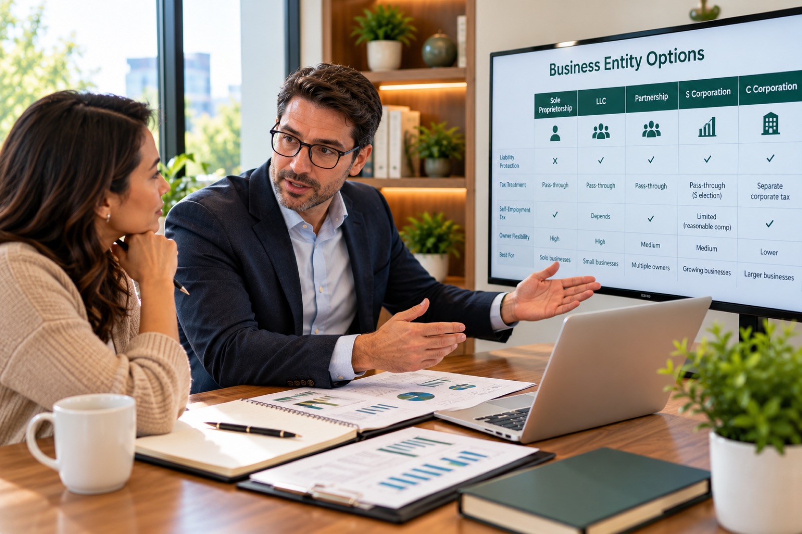 An adviser explaining business entity options on a wall screen to a client