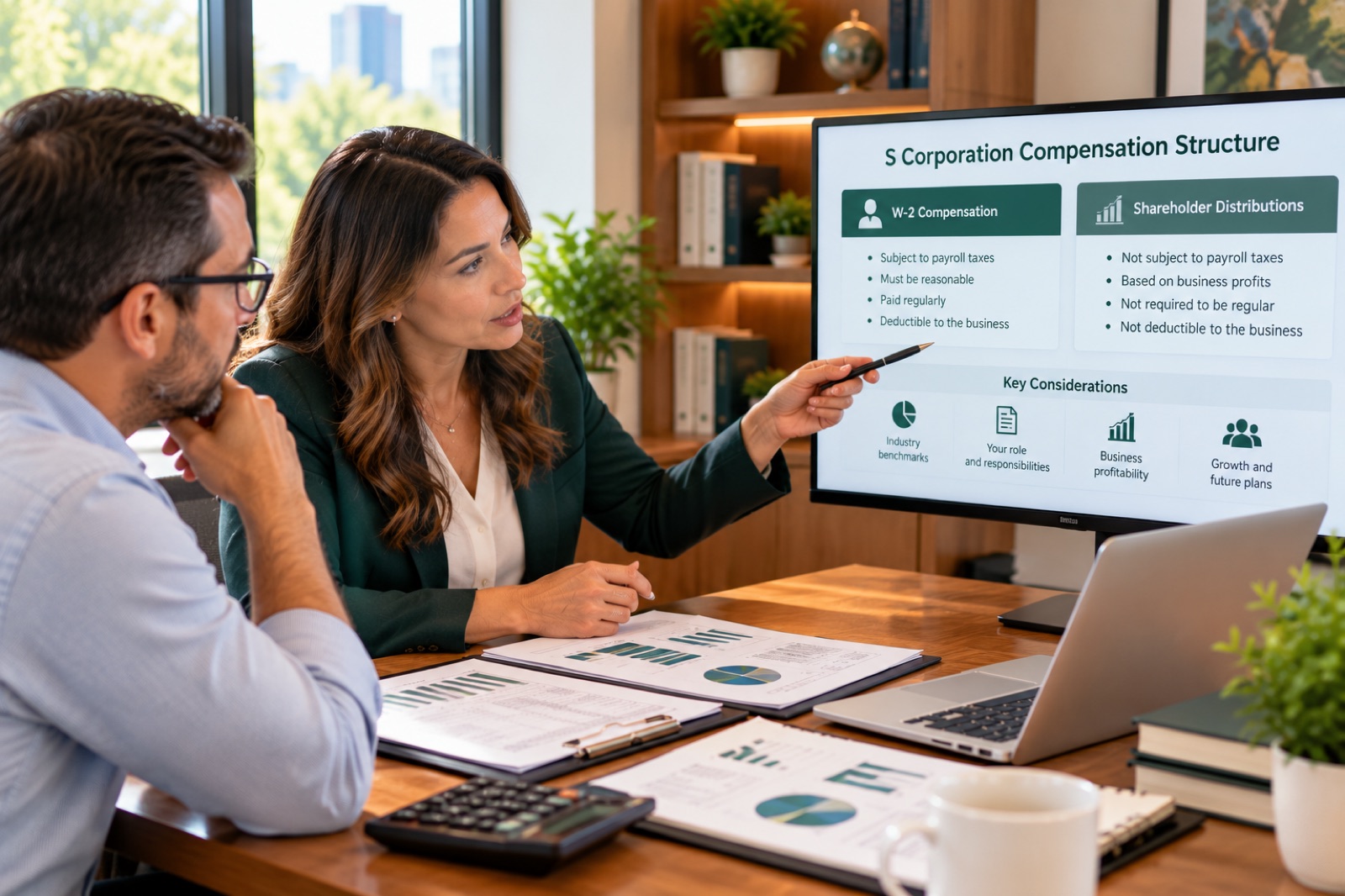 An adviser walking two people through a compensation chart on a wall screen