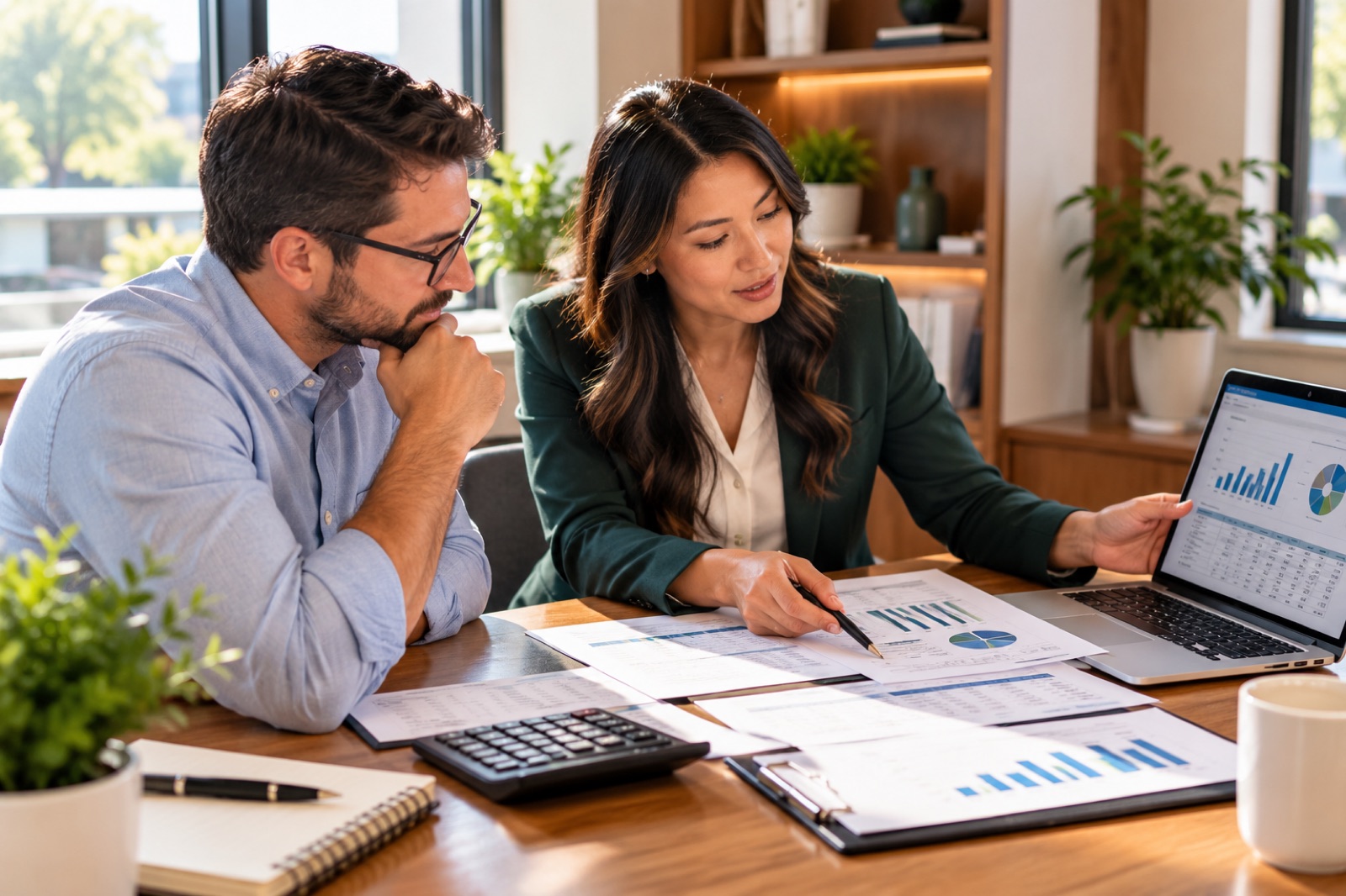An adviser and a business owner going through statements at a desk