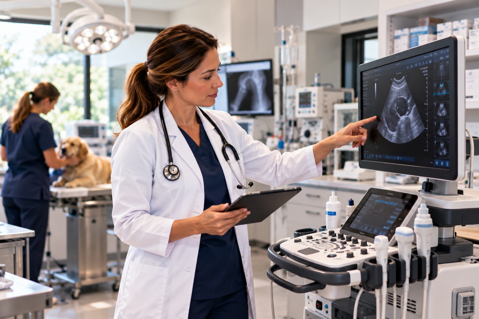 A veterinarian pointing at an ultrasound screen in a clinic