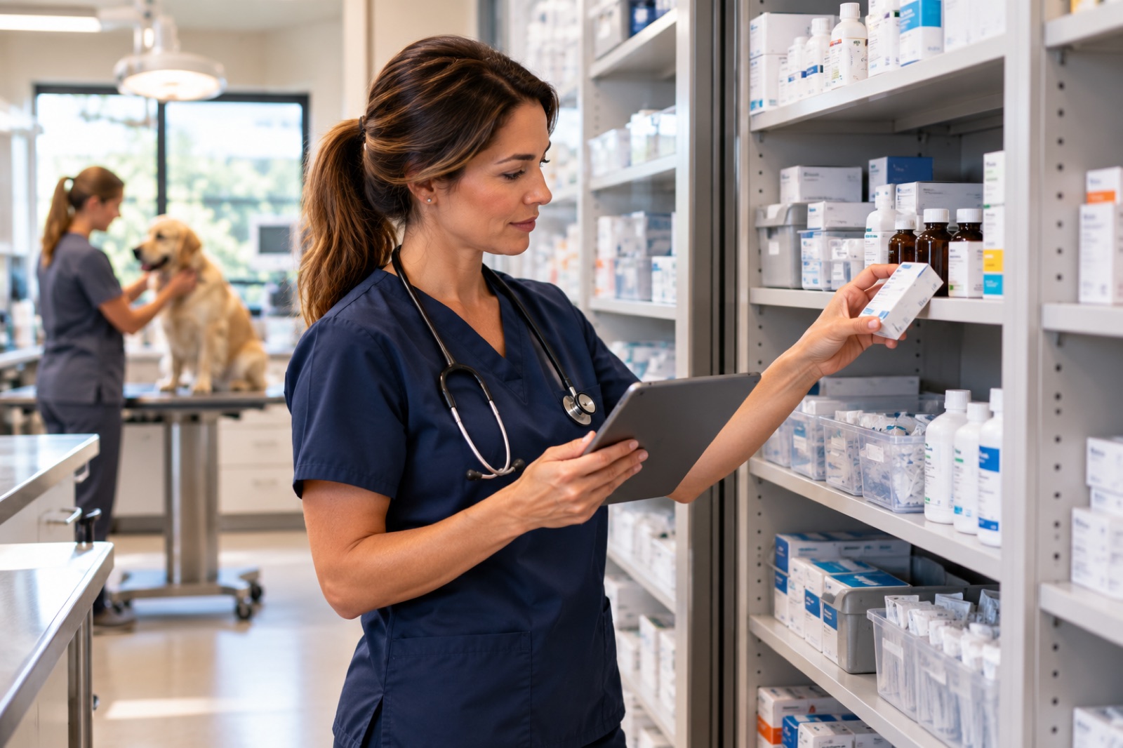 A veterinary technician checking shelves of medicines with a tablet