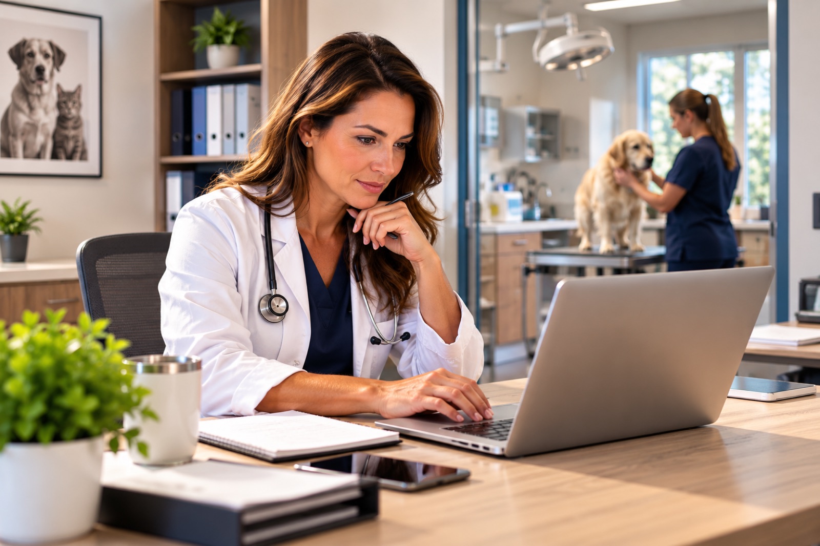 A veterinarian working at a laptop, a colleague and a dog behind her