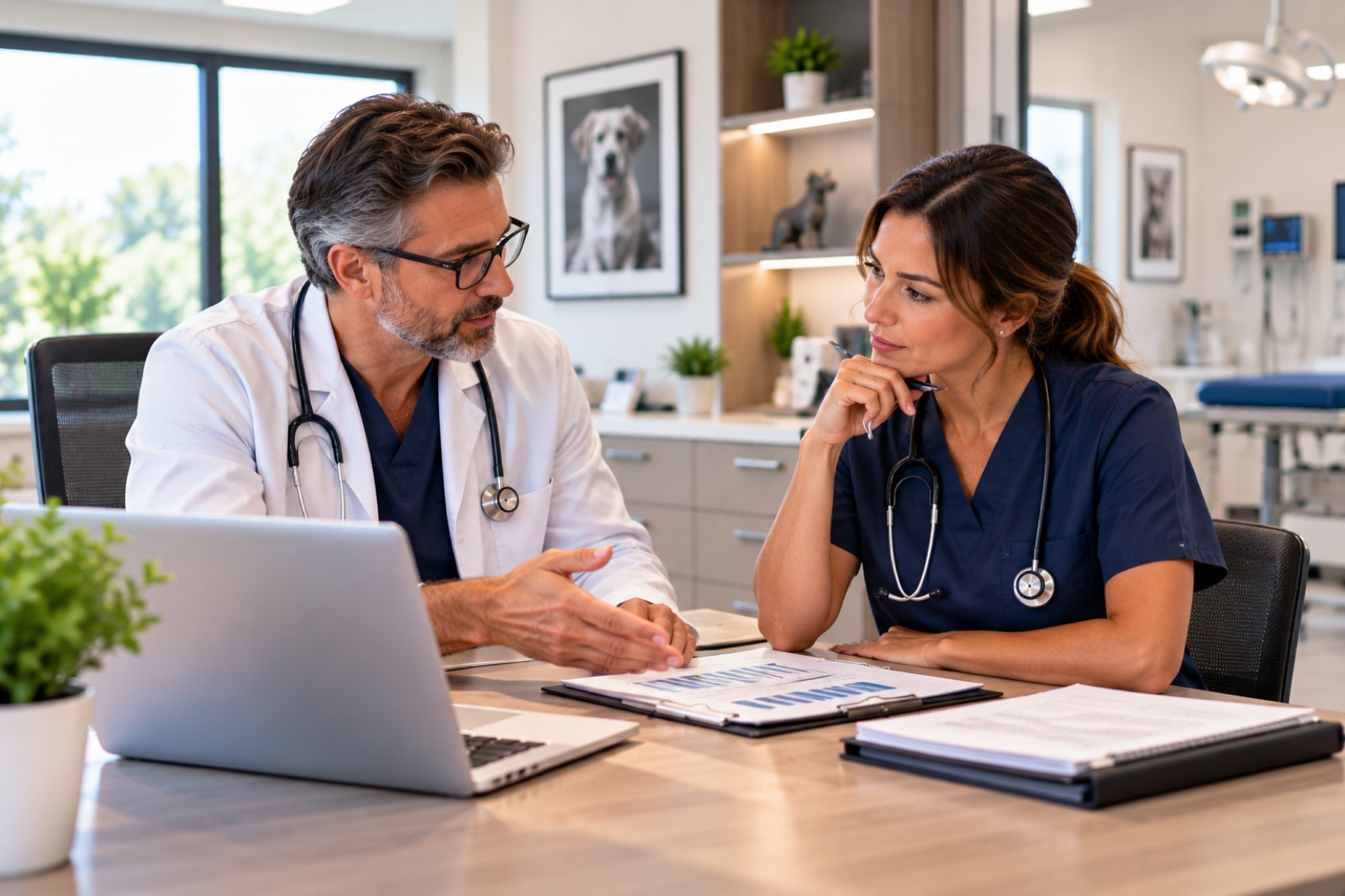 A veterinarian and a colleague reviewing documents at a laptop